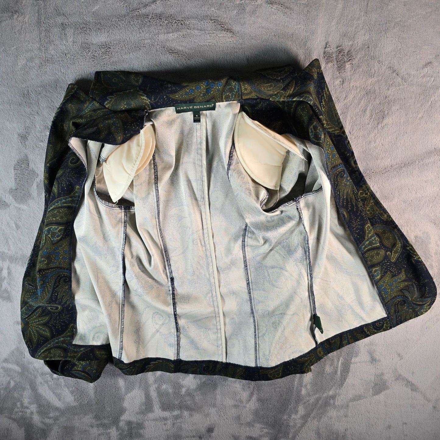 2000s Harvé Benard Women's Navy & Olive Paisley Print Blazer Jacket (Small)