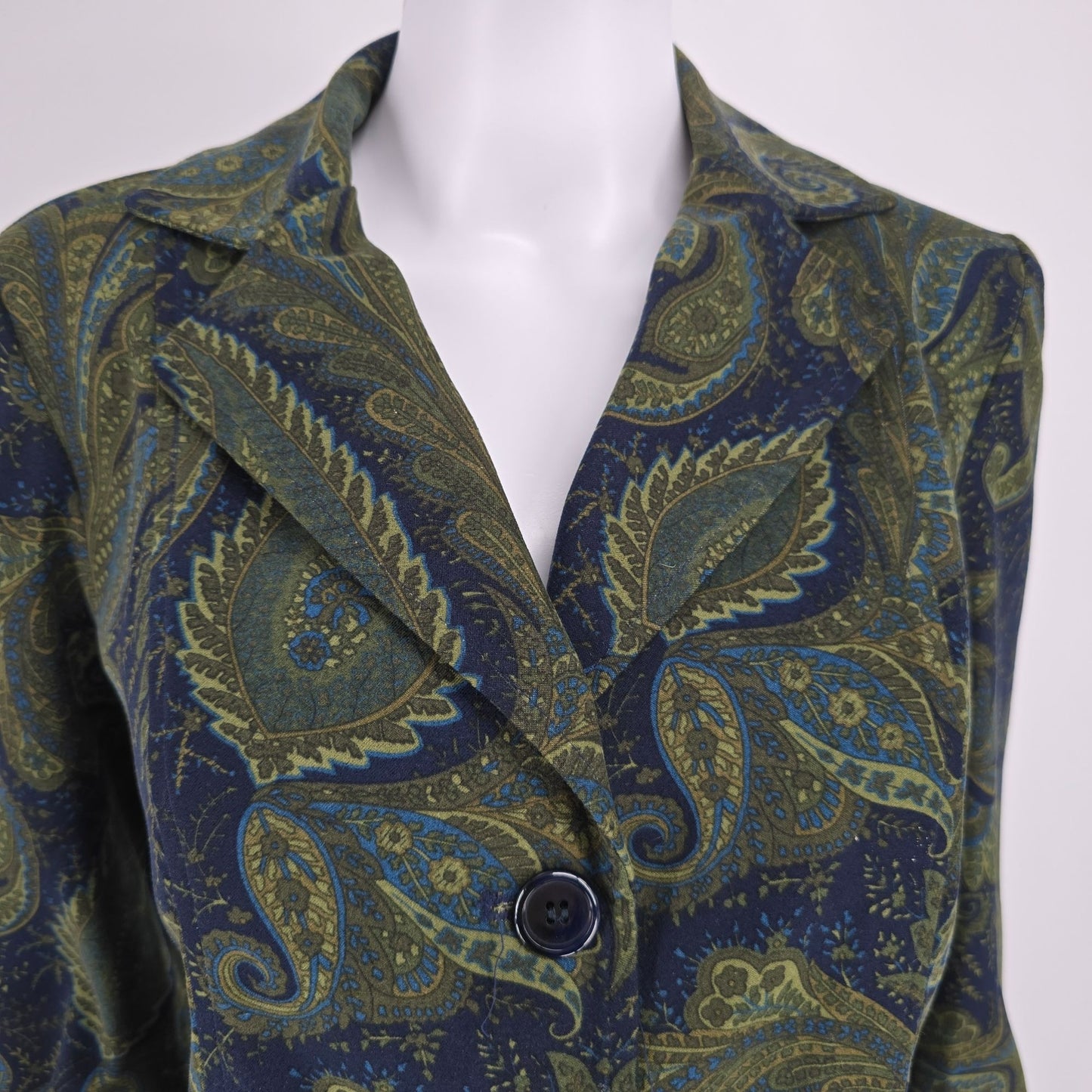 2000s Harvé Benard Women's Navy & Olive Paisley Print Blazer Jacket (Small)