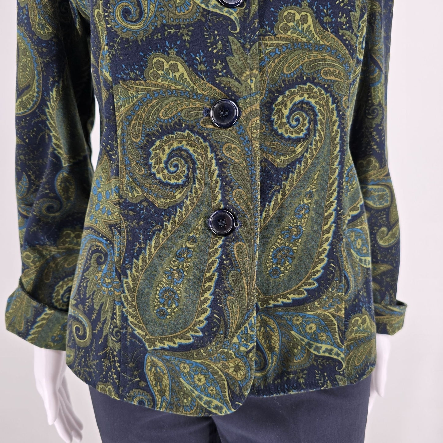 2000s Harvé Benard Women's Navy & Olive Paisley Print Blazer Jacket (Small)