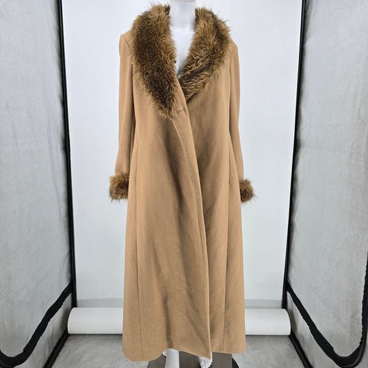 Vintage 1990s Charles Klein Women's Faux Fur Collar Wool Long Coat (Size 10/S)