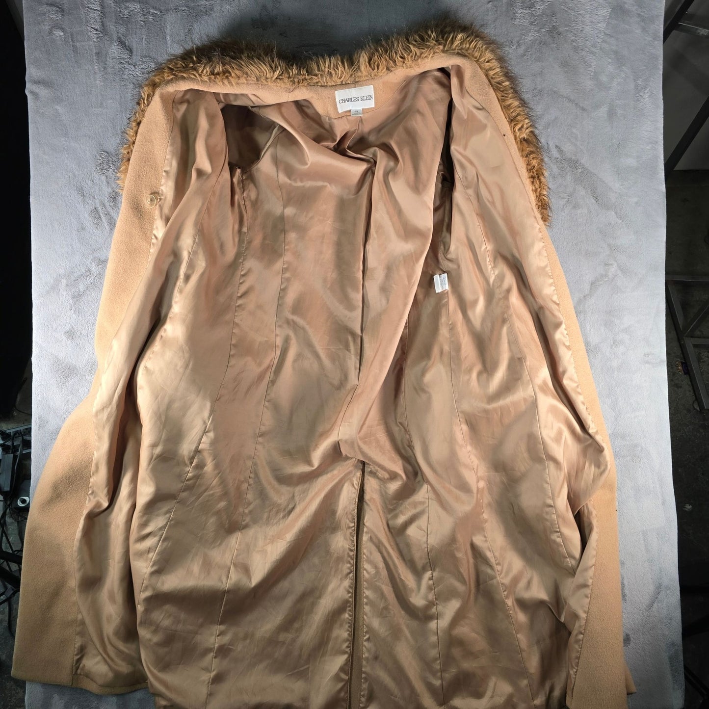 Vintage 1990s Charles Klein Women's Faux Fur Collar Wool Long Coat (Size 10/S)