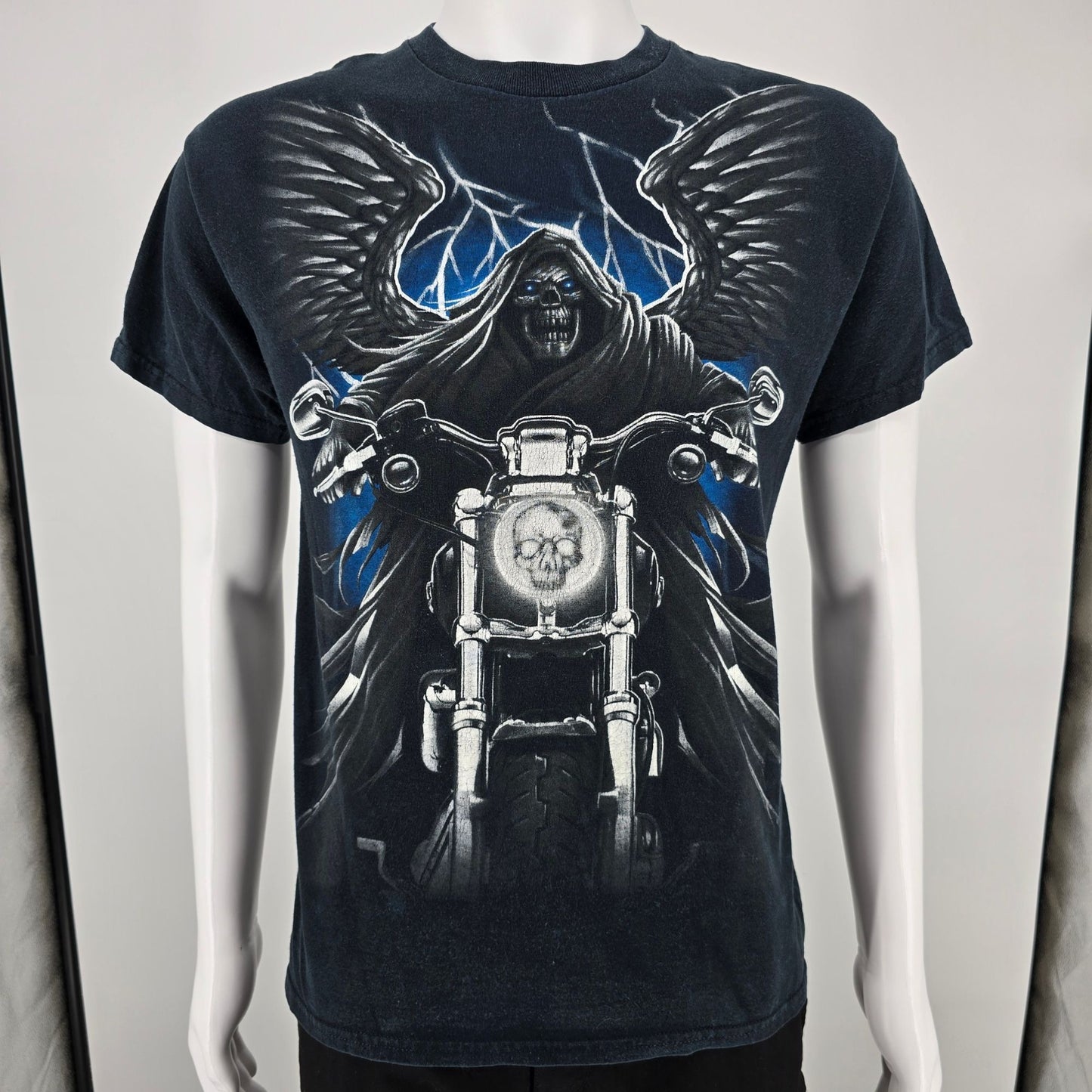 2010s Gildan Heavy Cotton Grim Reaper Motorcycle Graphic Biker T-Shirt (M) *Fair