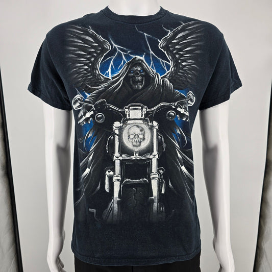 2010s Gildan Heavy Cotton Grim Reaper Motorcycle Graphic Biker T-Shirt (M) *Fair