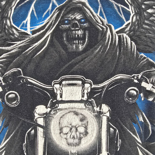 2010s Gildan Heavy Cotton Grim Reaper Motorcycle Graphic Biker T-Shirt (M) *Fair
