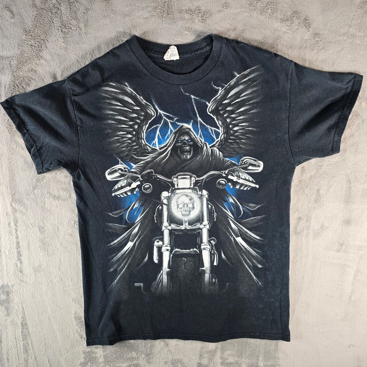 2010s Gildan Heavy Cotton Grim Reaper Motorcycle Graphic Biker T-Shirt (M) *Fair