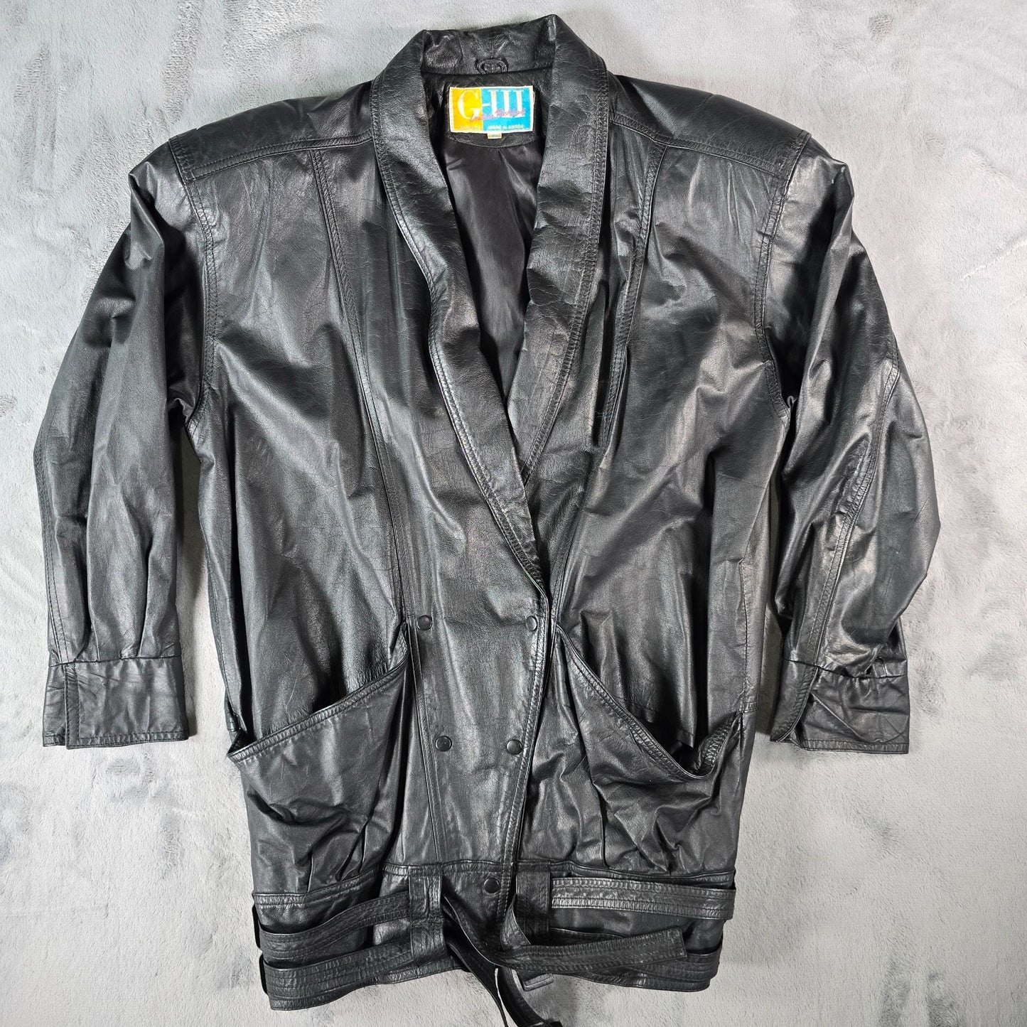 Vintage 1980s G-III Leather Fashions Black Oversized Shawl Collar Jacket (S)
