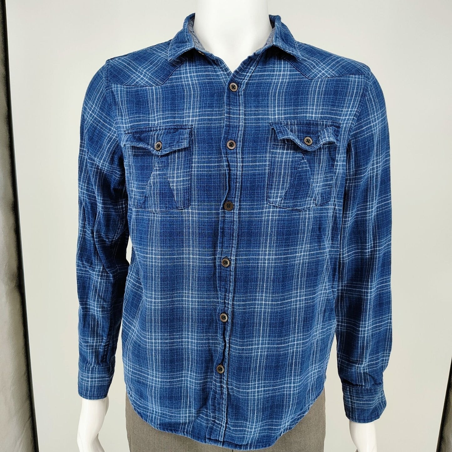 RF Brand MFG Mens Blue Plaid Long Sleeve Button-Up Flannel Shirt (Small)