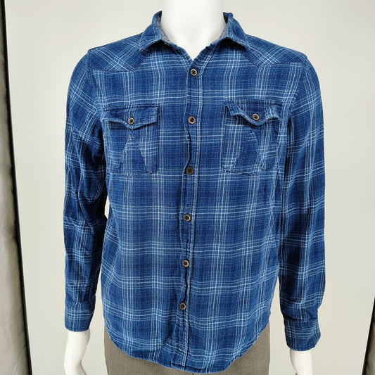 RF Brand MFG Mens Blue Plaid Long Sleeve Button-Up Flannel Shirt (Small)