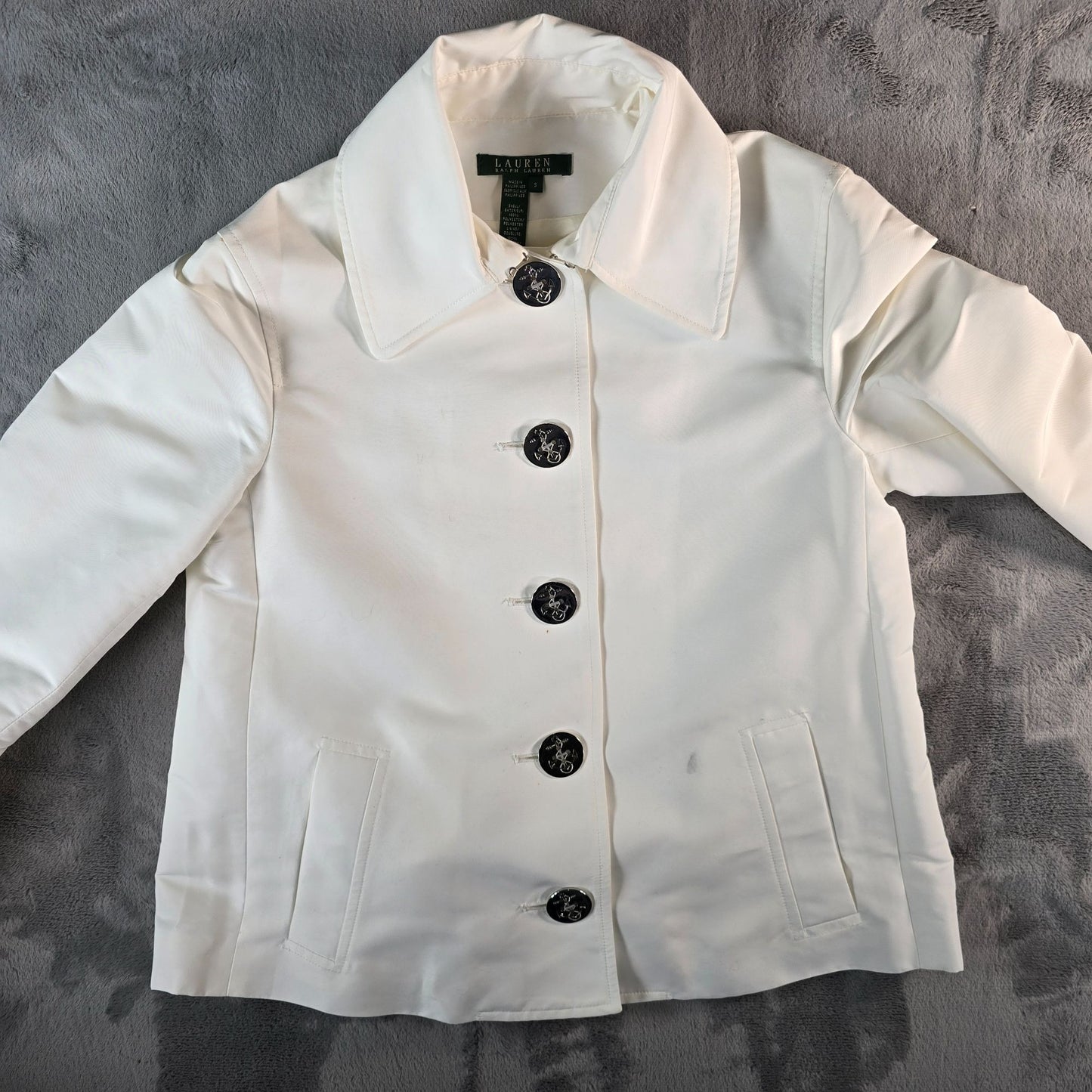 2000s Lauren Ralph Lauren White Polyester Nautical Anchor Button Jacket (S)
