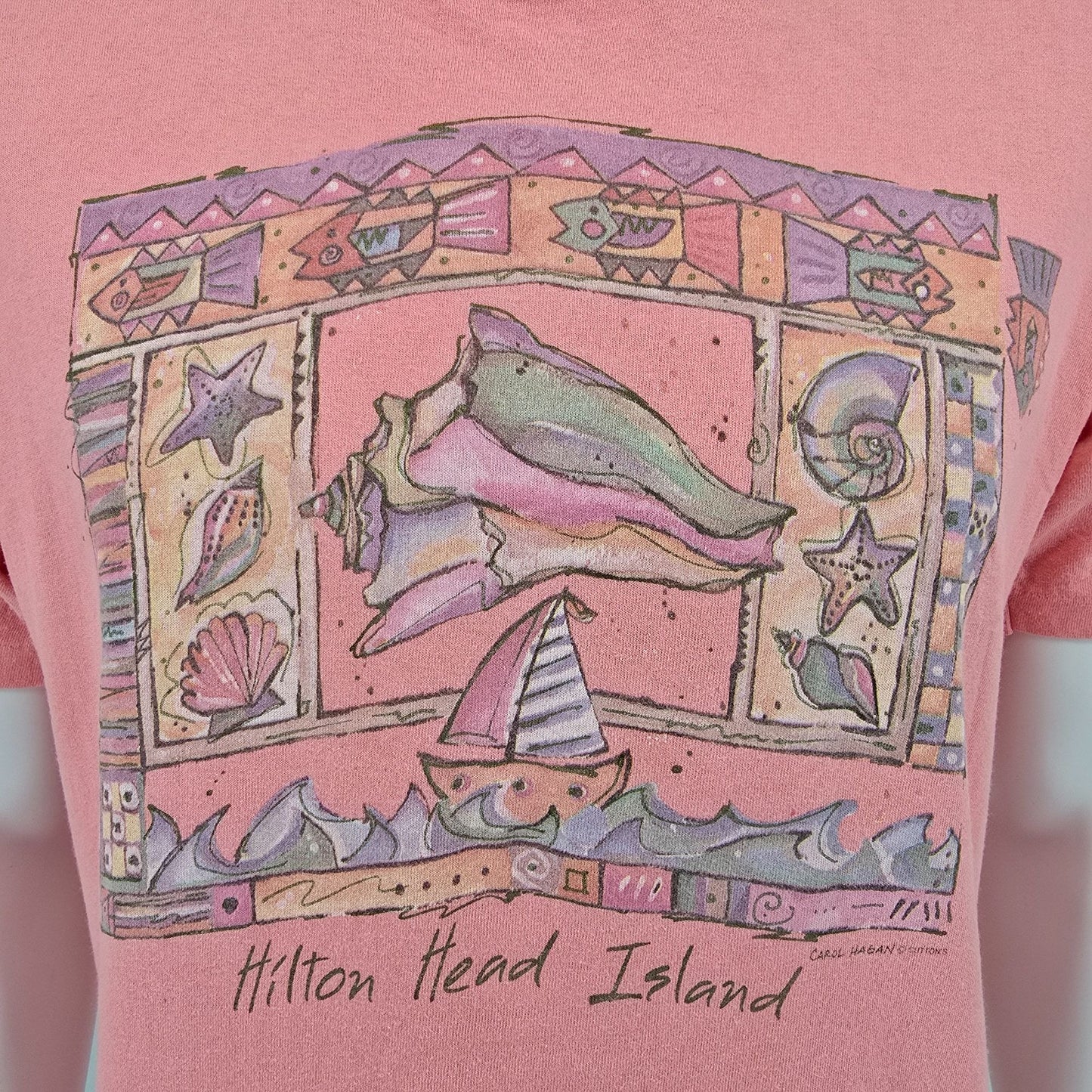 Vintage 1990s Anvil Hilton Head Island Carol Hagan Seashell Art T-Shirt (L)