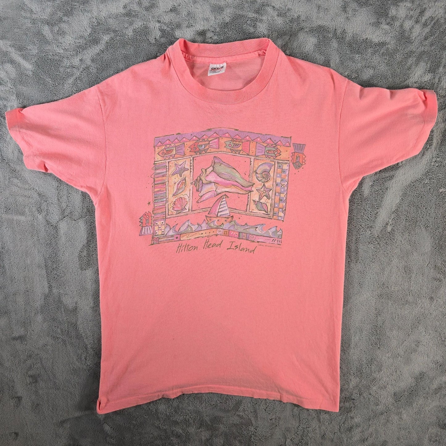 Vintage 1990s Anvil Hilton Head Island Carol Hagan Seashell Art T-Shirt (L)