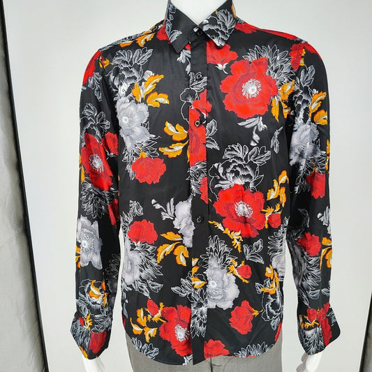 Euow Mens Floral Long Sleeve Black, Red, Gray, and Yellow Hawaiian Shirt (S)