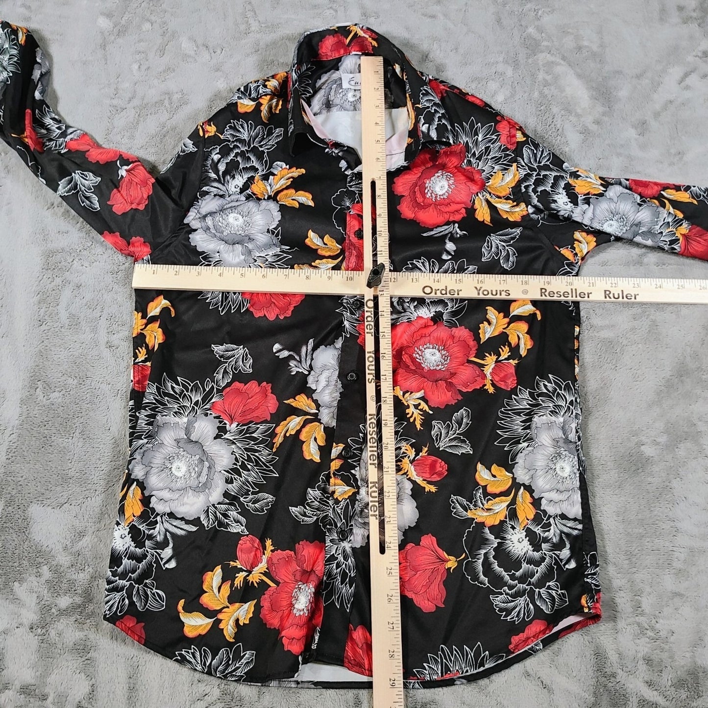 Euow Mens Floral Long Sleeve Black, Red, Gray, and Yellow Hawaiian Shirt (S)