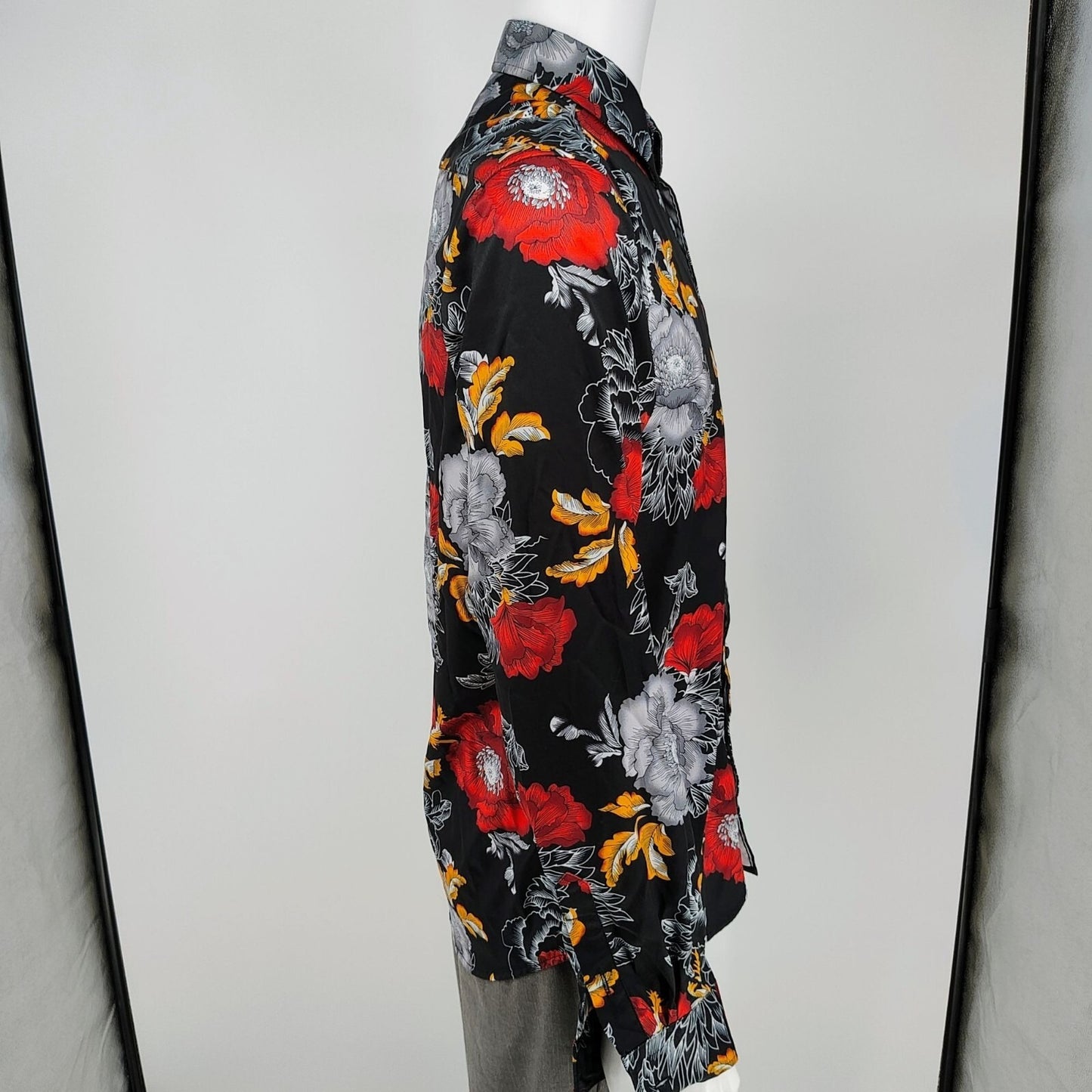 Euow Mens Floral Long Sleeve Black, Red, Gray, and Yellow Hawaiian Shirt (S)