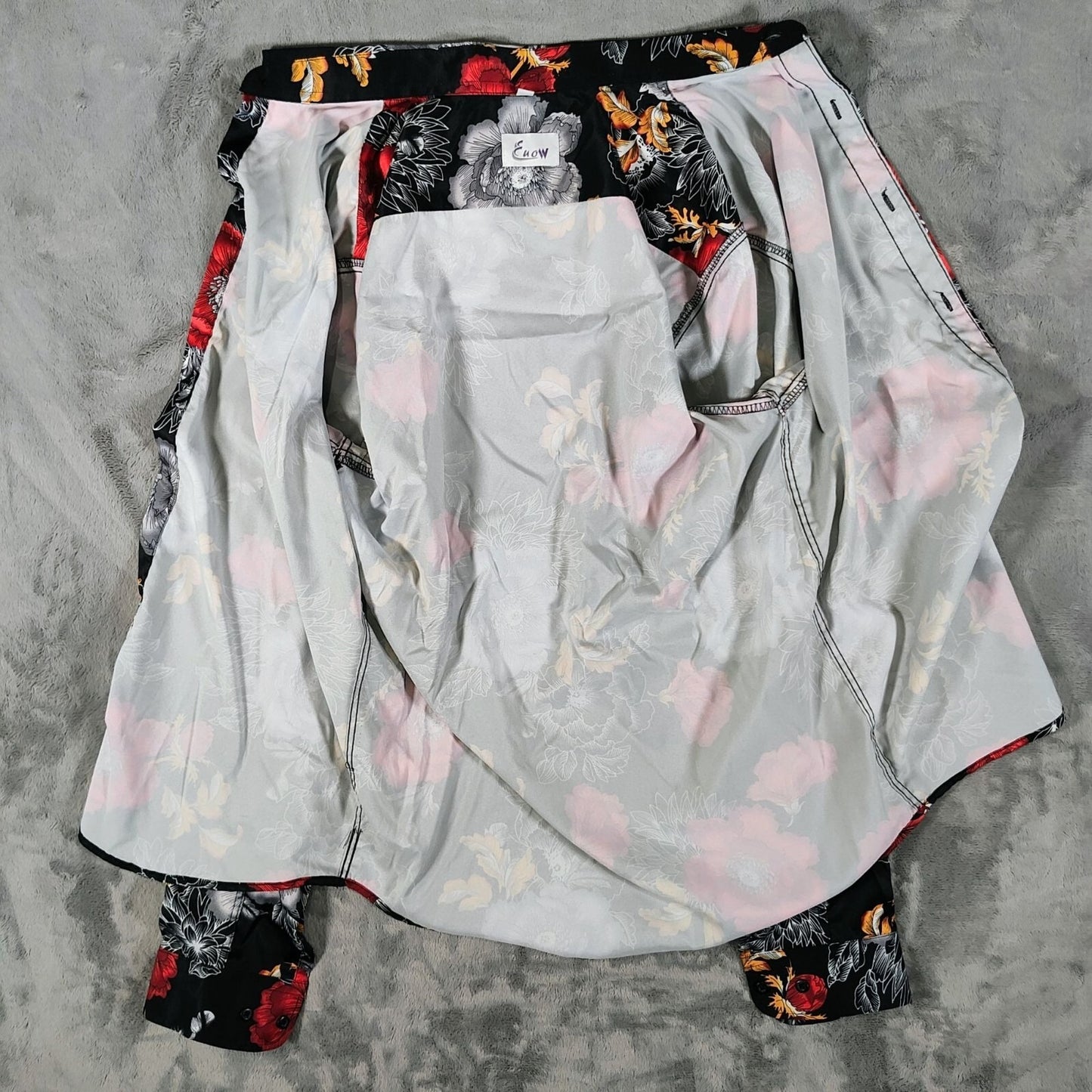 Euow Mens Floral Long Sleeve Black, Red, Gray, and Yellow Hawaiian Shirt (S)