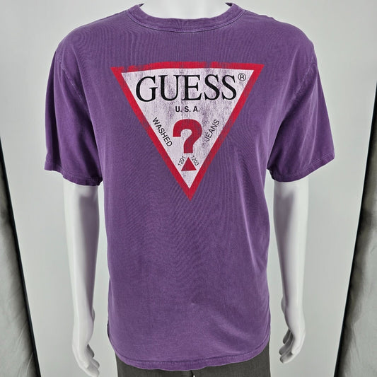 Y2K 2000s Guess Jeans Distressed Triangle Logo Purple Graphic T-Shirt (Medium)