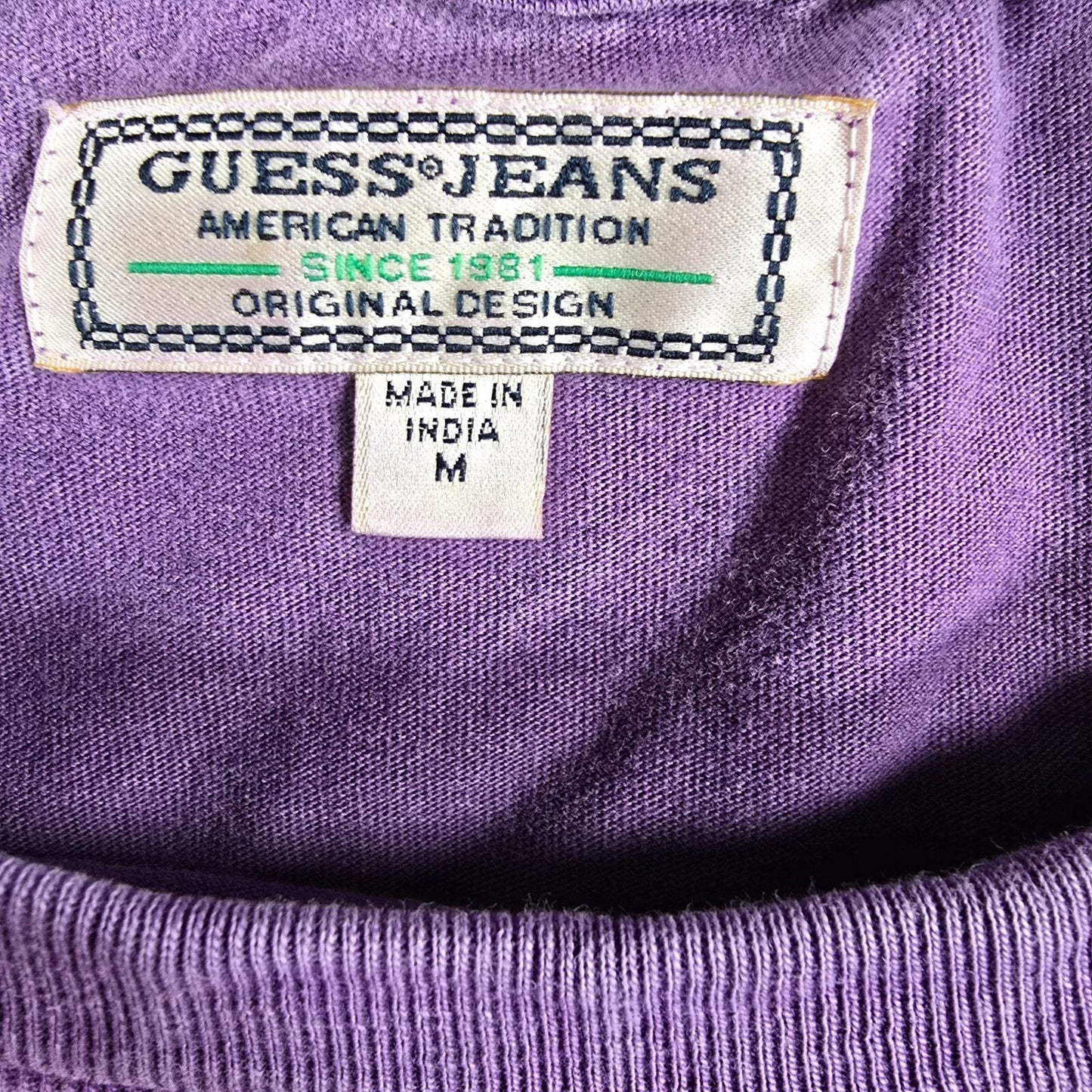 Y2K 2000s Guess Jeans Distressed Triangle Logo Purple Graphic T-Shirt (Medium)