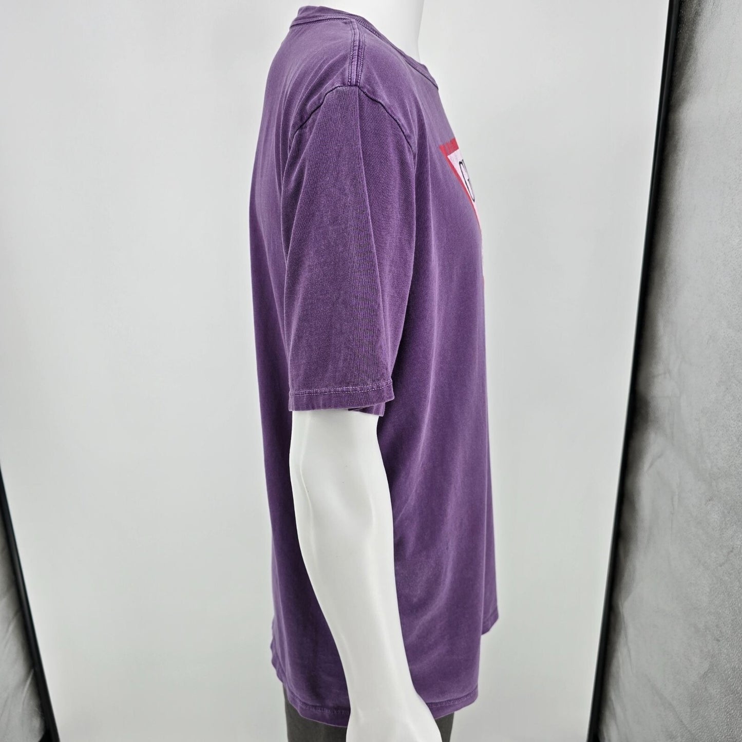 Y2K 2000s Guess Jeans Distressed Triangle Logo Purple Graphic T-Shirt (Medium)