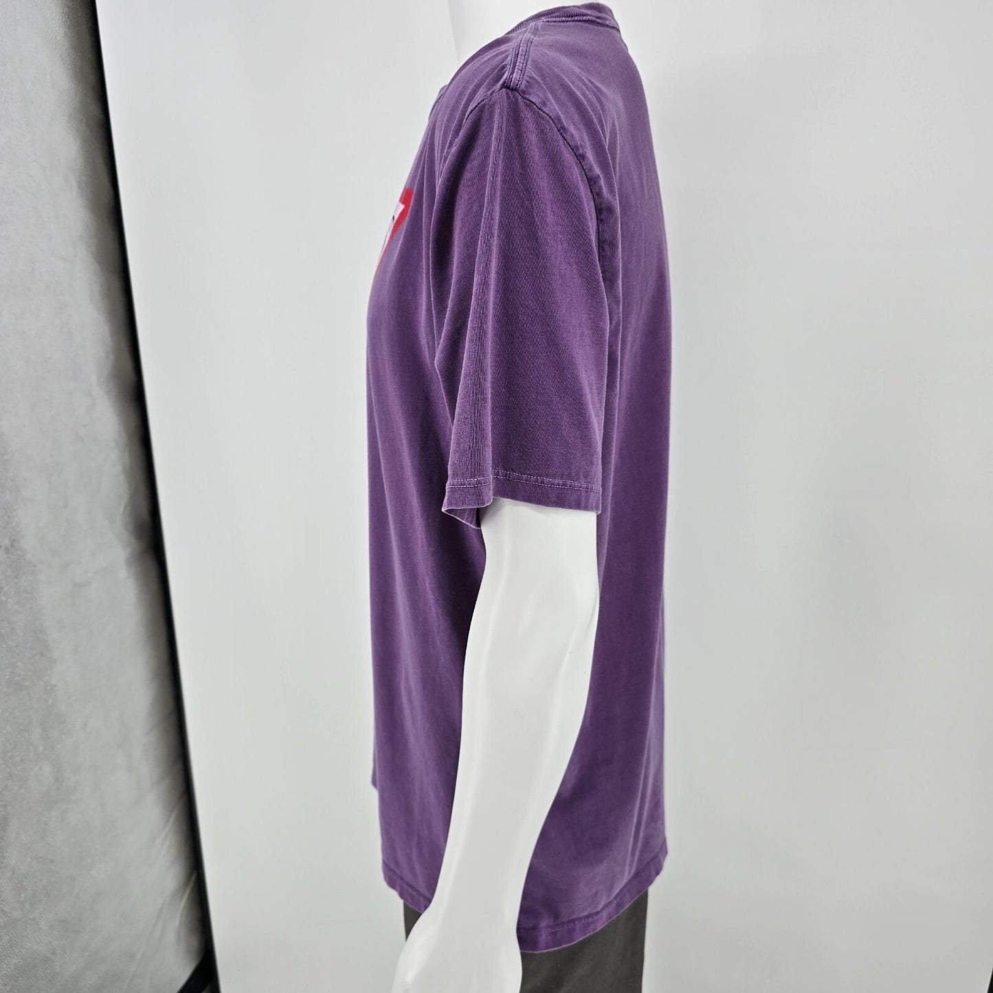 Y2K 2000s Guess Jeans Distressed Triangle Logo Purple Graphic T-Shirt (Medium)