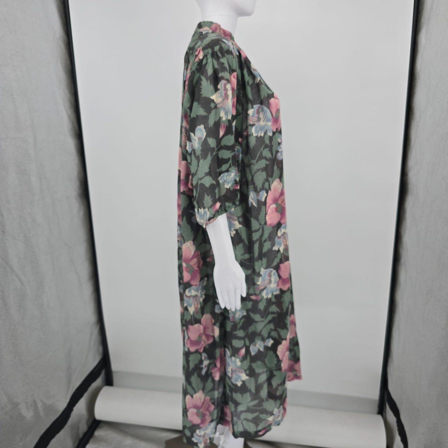 Vintage 1980s Victoriana Black/Green Sheer Floral Gauze Coverup/Midi Dress (OS)