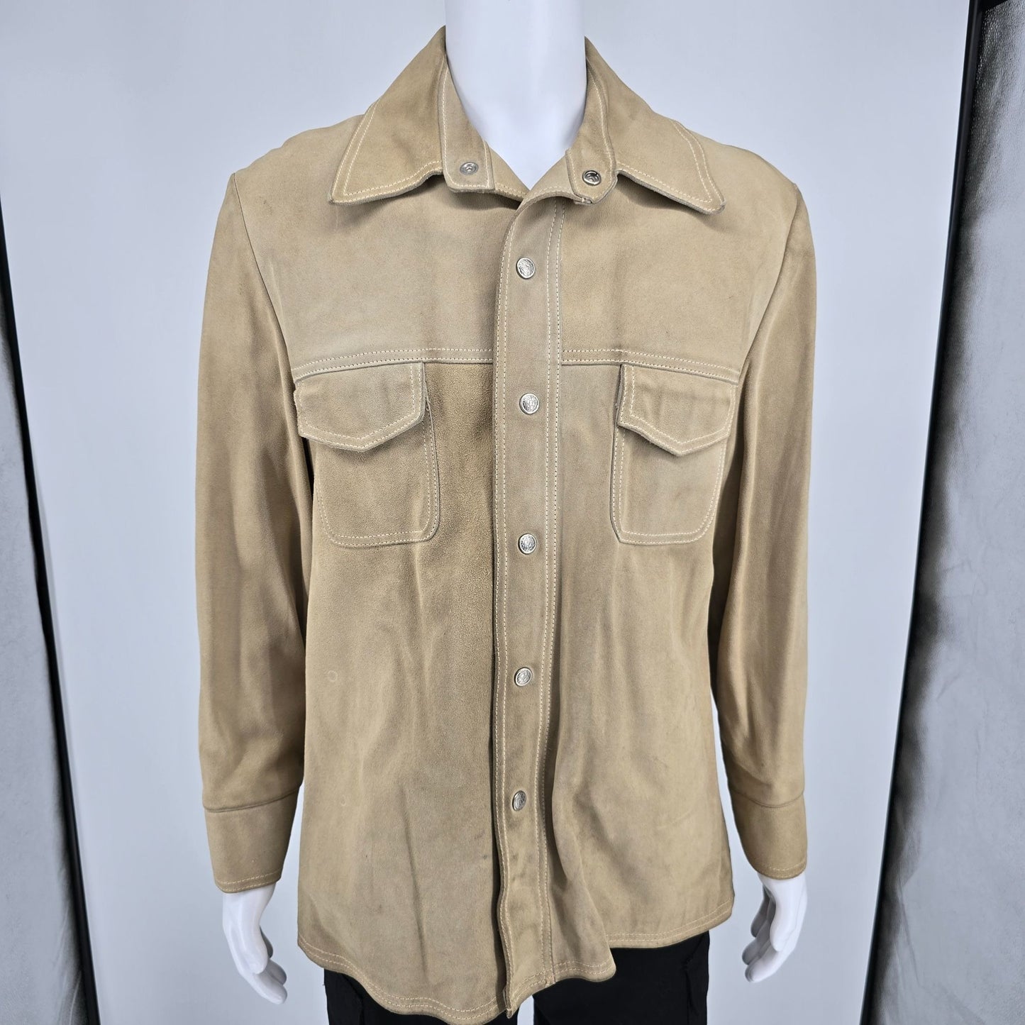 Vintage 1970s Californian Mens Tan Nubuck Leather Western Shirt Jacket (M)