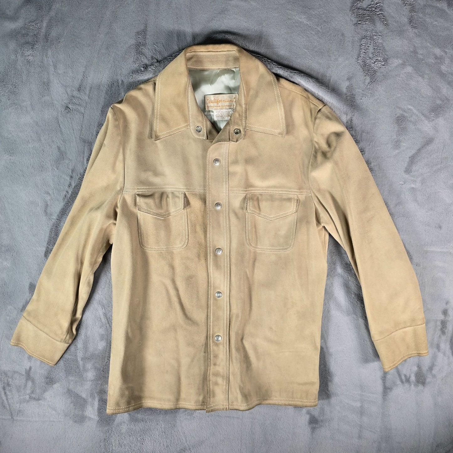 Vintage 1970s Californian Mens Tan Nubuck Leather Western Shirt Jacket (M)