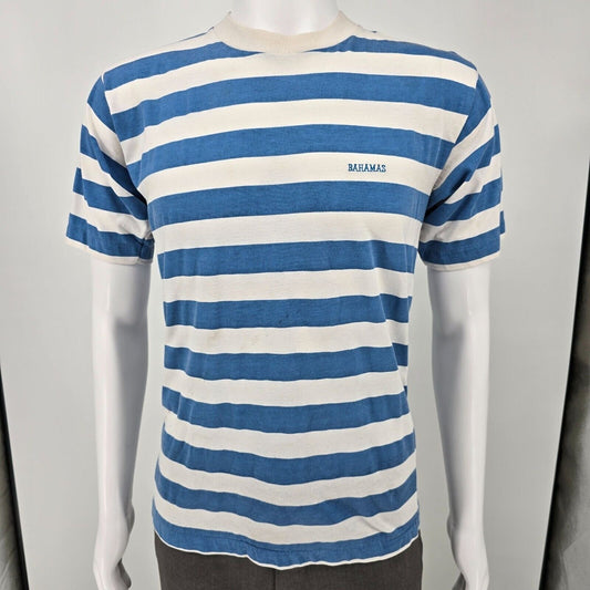 Vintage 1990s Embroidered Bahamas Yachting Striped Nautical T-Shirt (M)