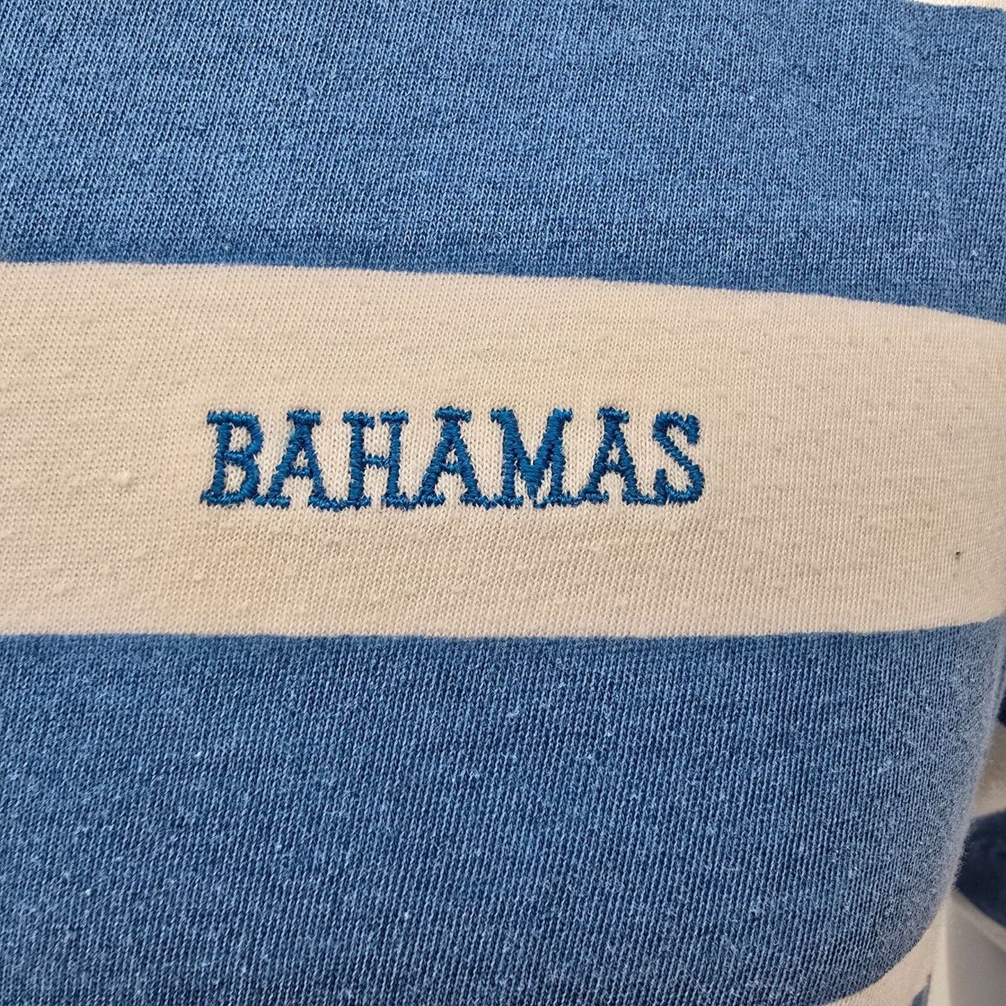 Vintage 1990s Embroidered Bahamas Yachting Striped Nautical T-Shirt (M)