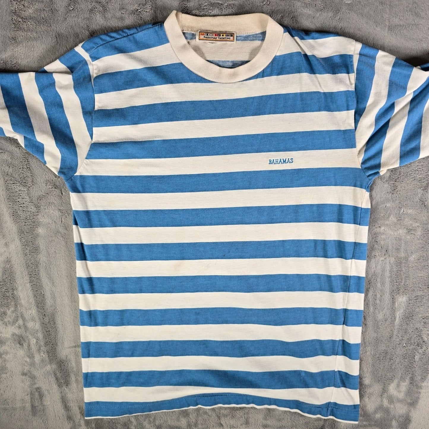 Vintage 1990s Embroidered Bahamas Yachting Striped Nautical T-Shirt (M)