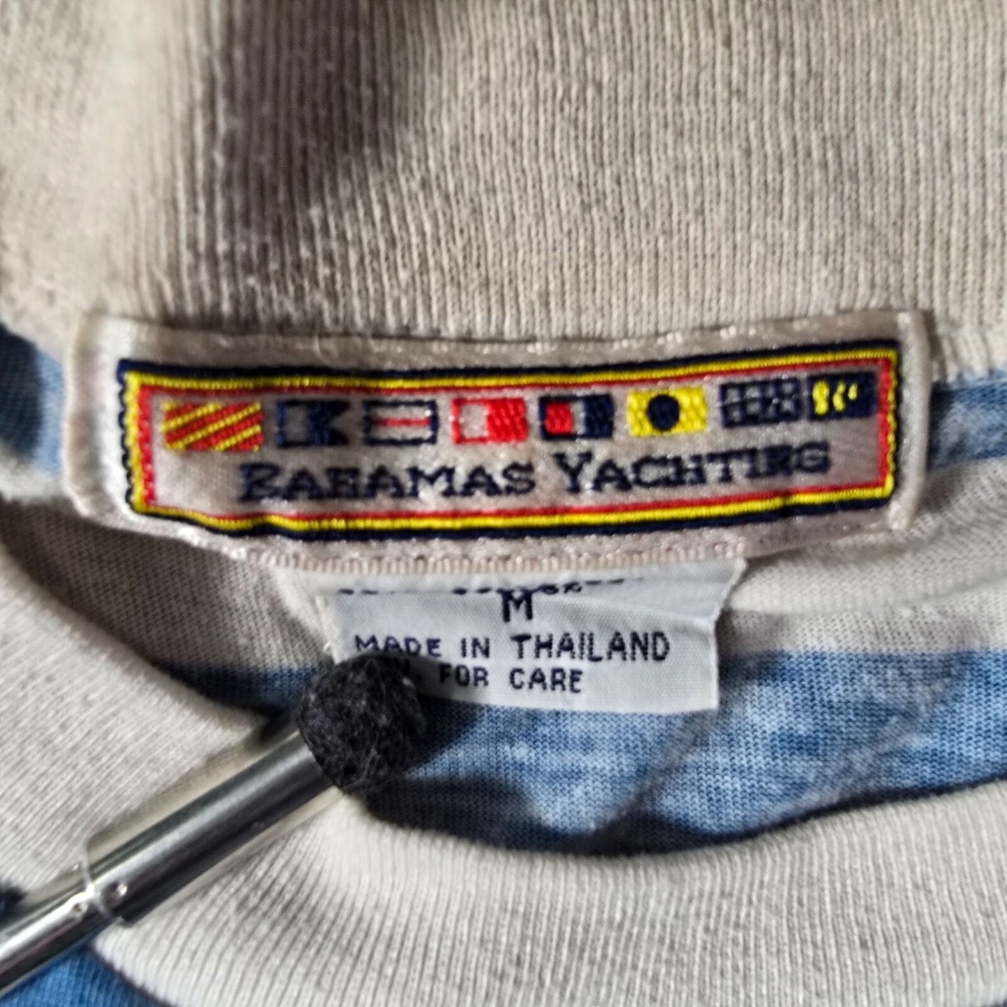 Vintage 1990s Embroidered Bahamas Yachting Striped Nautical T-Shirt (M)