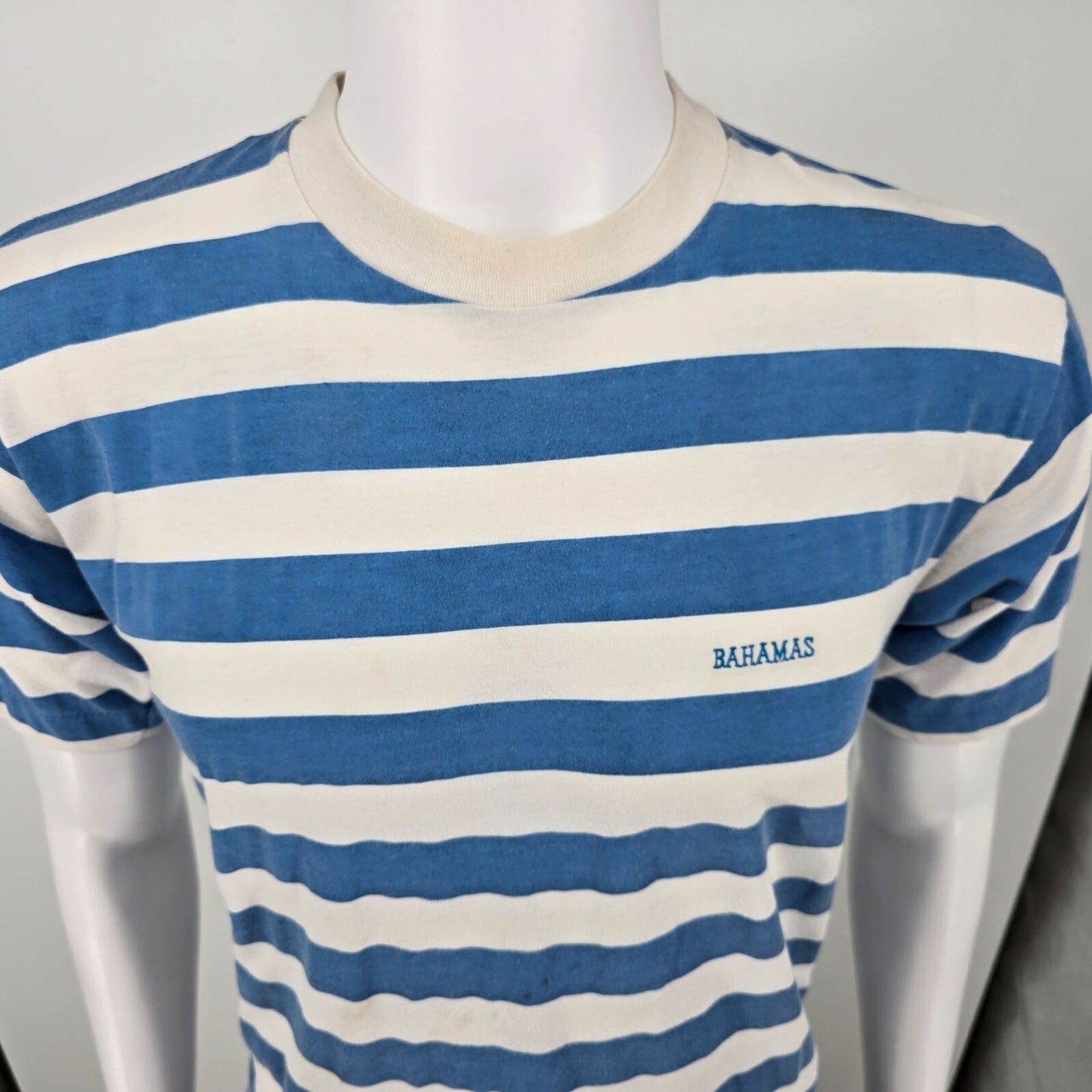 Vintage 1990s Embroidered Bahamas Yachting Striped Nautical T-Shirt (M)