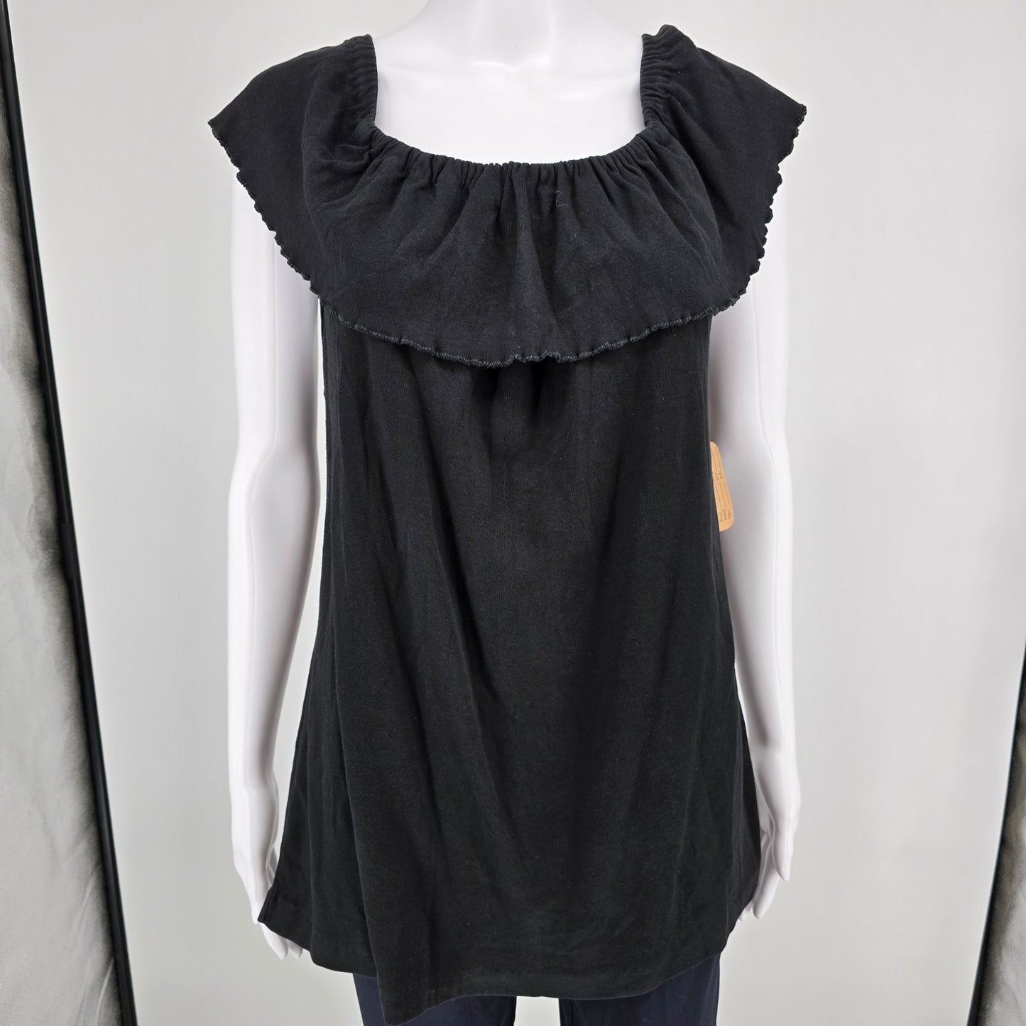 Vintage 1980s Whateverwear Black Cotton Ruffle Flounce Sleeveless Top (L)