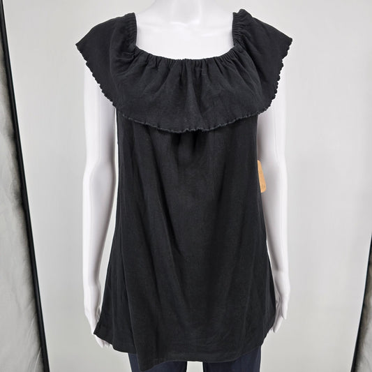 Vintage 1980s Whateverwear Black Cotton Ruffle Flounce Sleeveless Top (L)