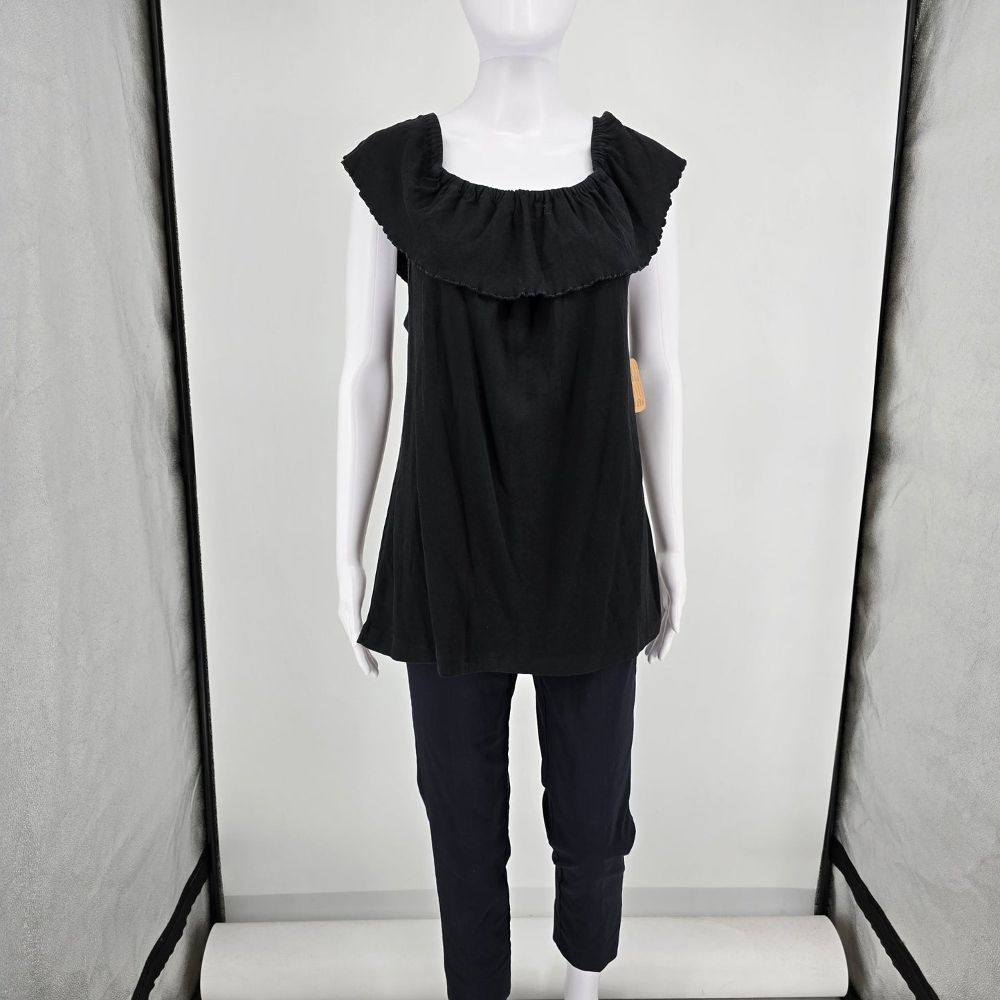 Vintage 1980s Whateverwear Black Cotton Ruffle Flounce Sleeveless Top (L)