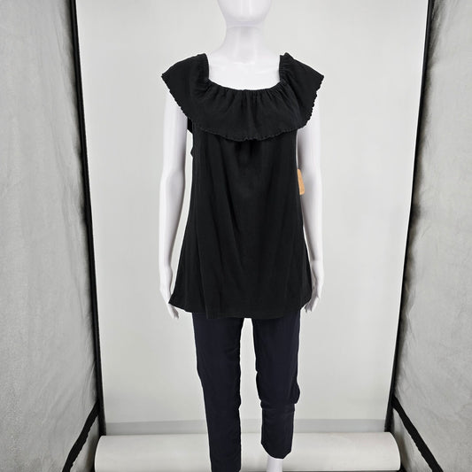 Vintage 1980s Whateverwear Black Cotton Ruffle Flounce Sleeveless Top (L)