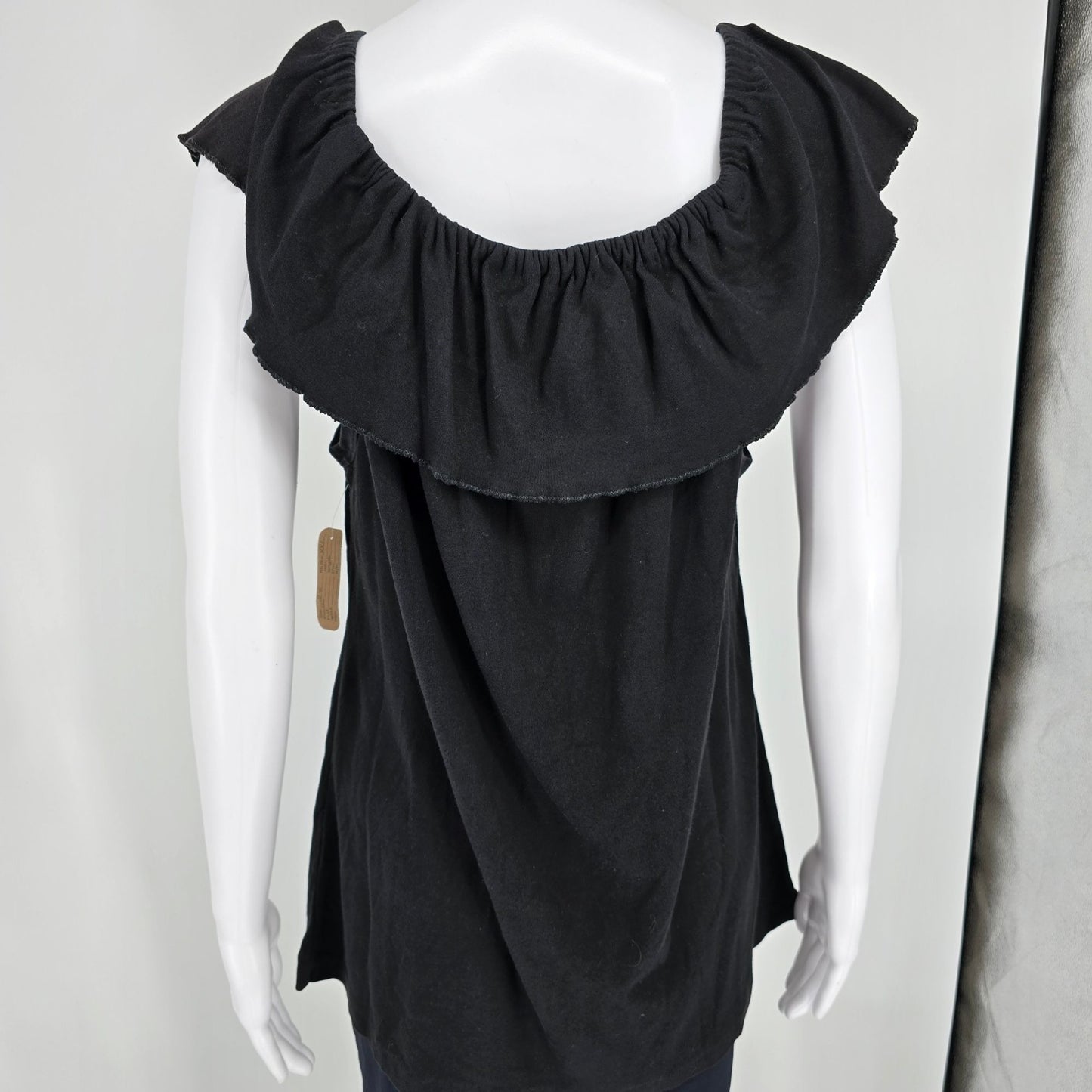 Vintage 1980s Whateverwear Black Cotton Ruffle Flounce Sleeveless Top (L)