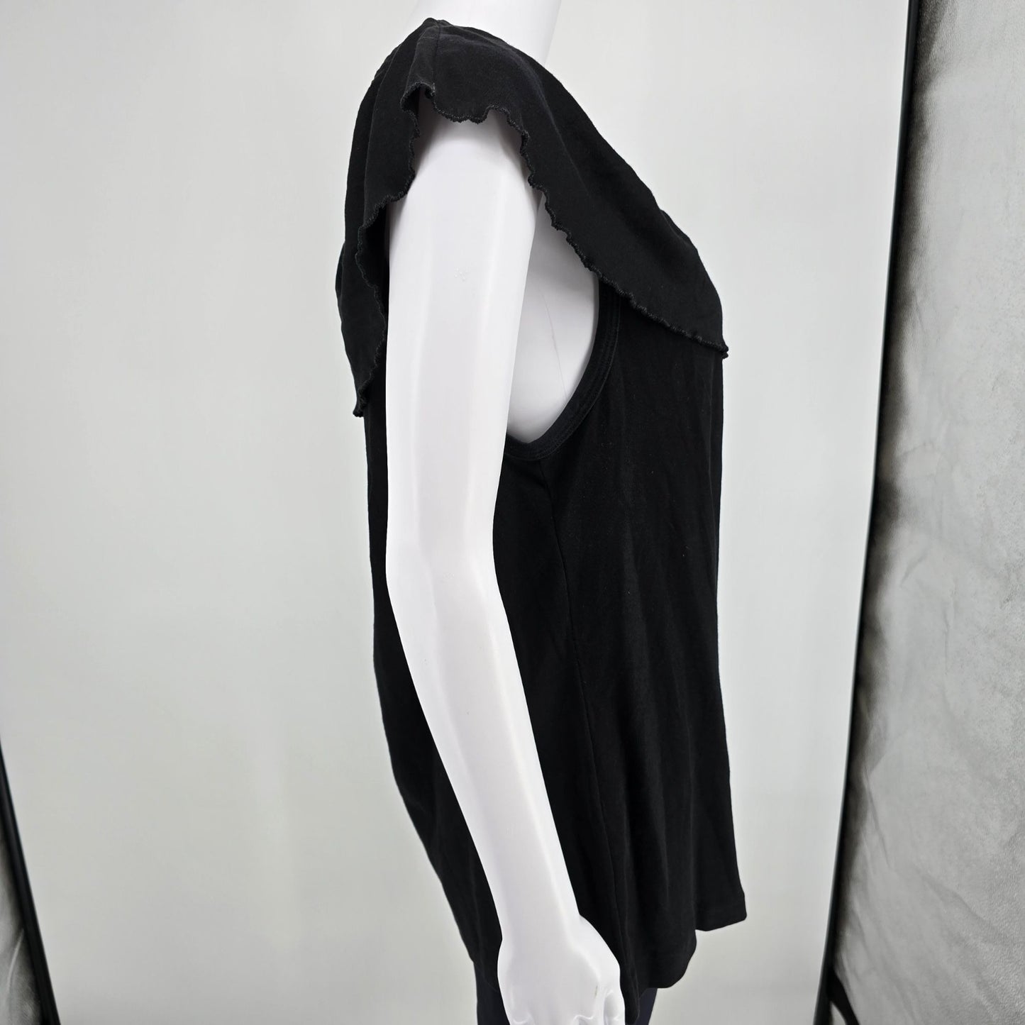 Vintage 1980s Whateverwear Black Cotton Ruffle Flounce Sleeveless Top (L)