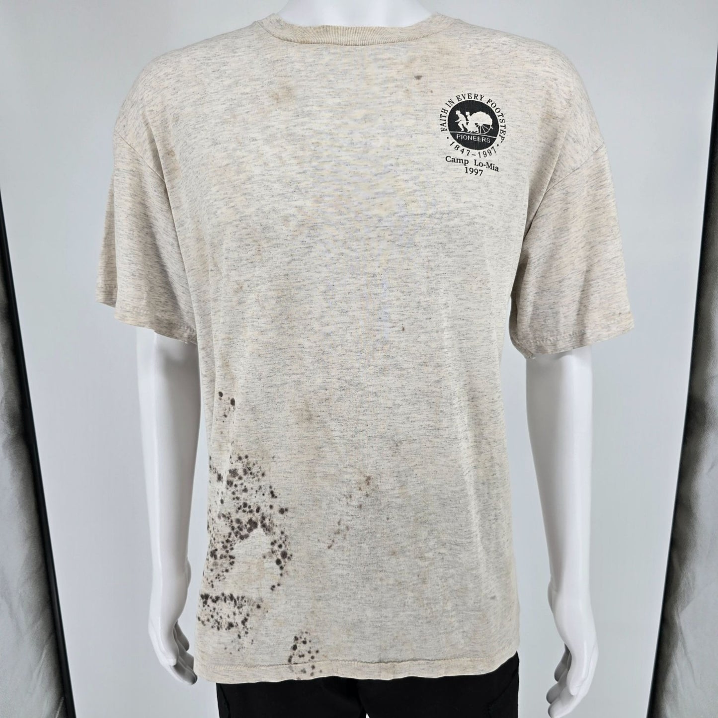 Vintage 1997 Mormon Camp Lo-Mia Pioneers "Faith in Every Footstep" T-Shirt (XL)