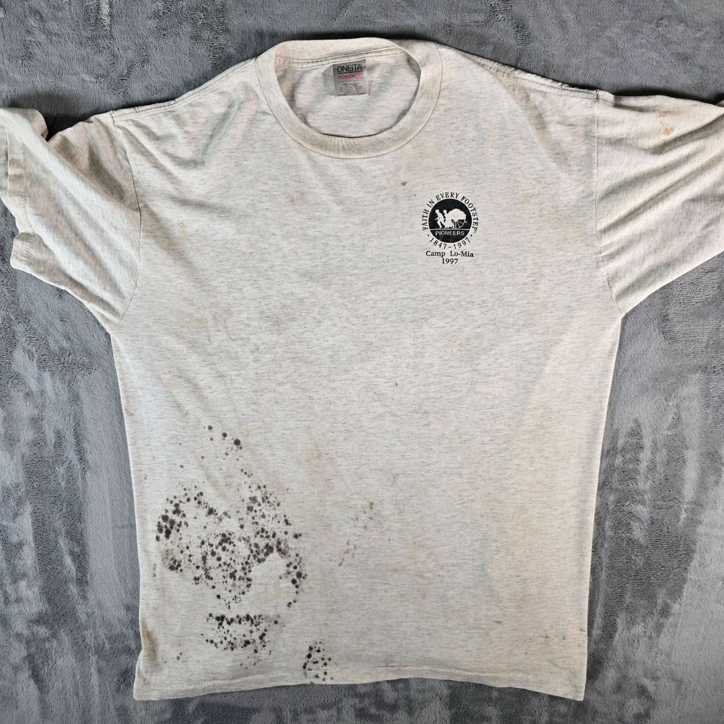 Vintage 1997 Mormon Camp Lo-Mia Pioneers "Faith in Every Footstep" T-Shirt (XL)