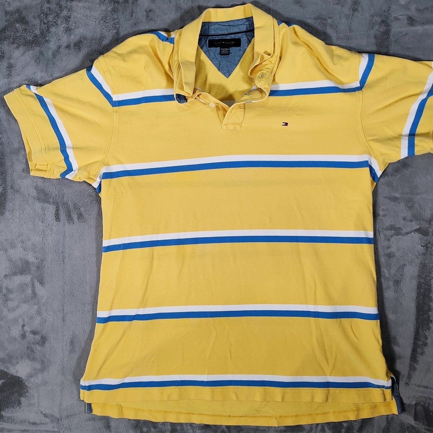 Tommy Hilfiger 2010 Yellow Two Button Polo with Blue and White Stripes (2XL)