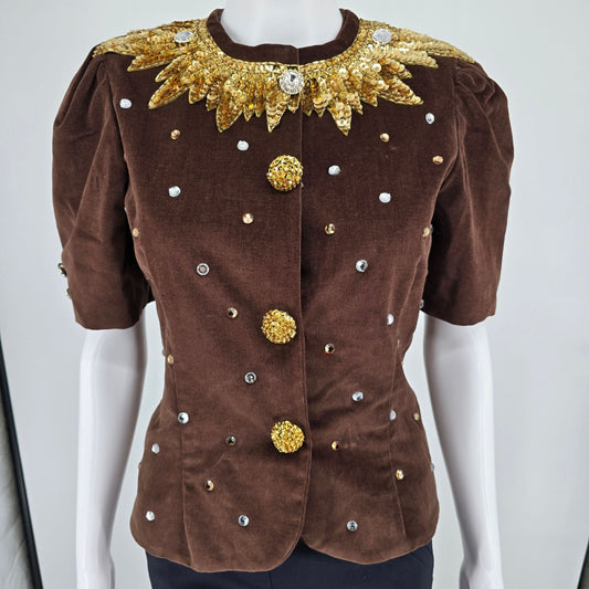 Vintage 1980s Women's Brown Velvet Puff Sleeve Rhinestone Eveningwear Jacket (S)