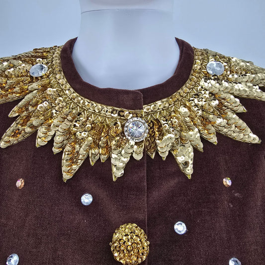 Vintage 1980s Women's Brown Velvet Puff Sleeve Rhinestone Eveningwear Jacket (S)