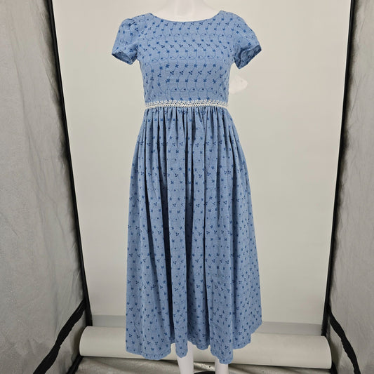 Vintage 1970s Blue Chambray Embroidered Eyelet Empire Waist Midi Dress (XS)