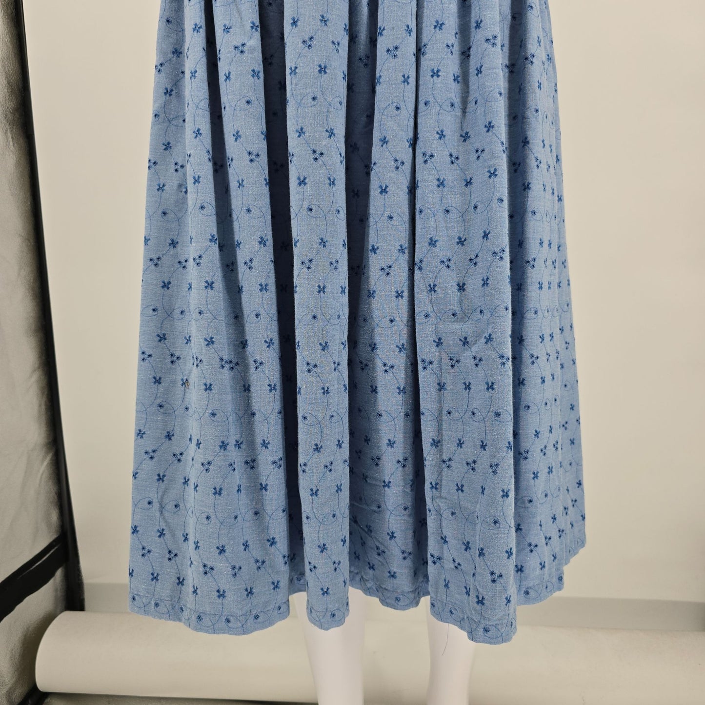 Vintage 1970s Blue Chambray Embroidered Eyelet Empire Waist Midi Dress (XS)