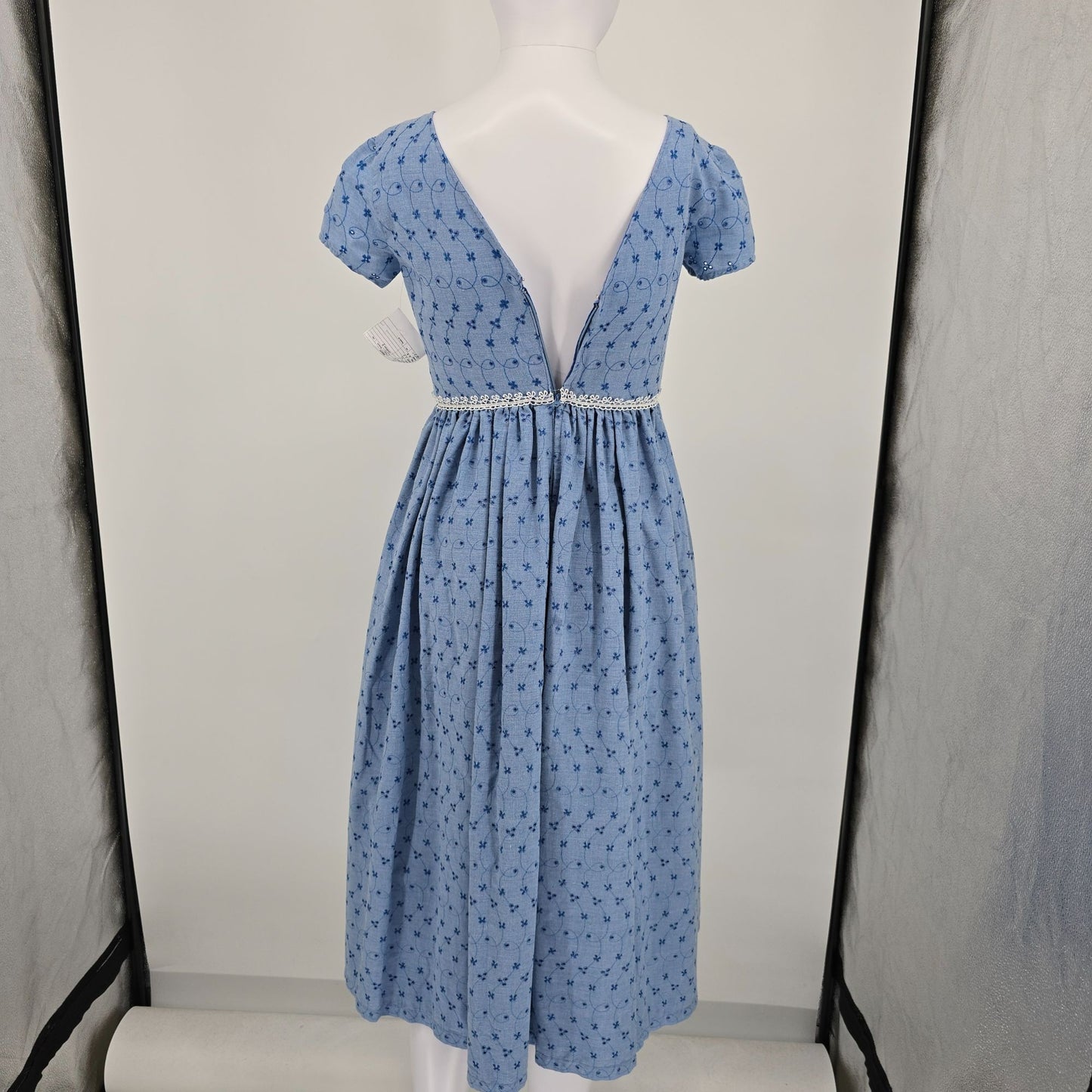 Vintage 1970s Blue Chambray Embroidered Eyelet Empire Waist Midi Dress (XS)