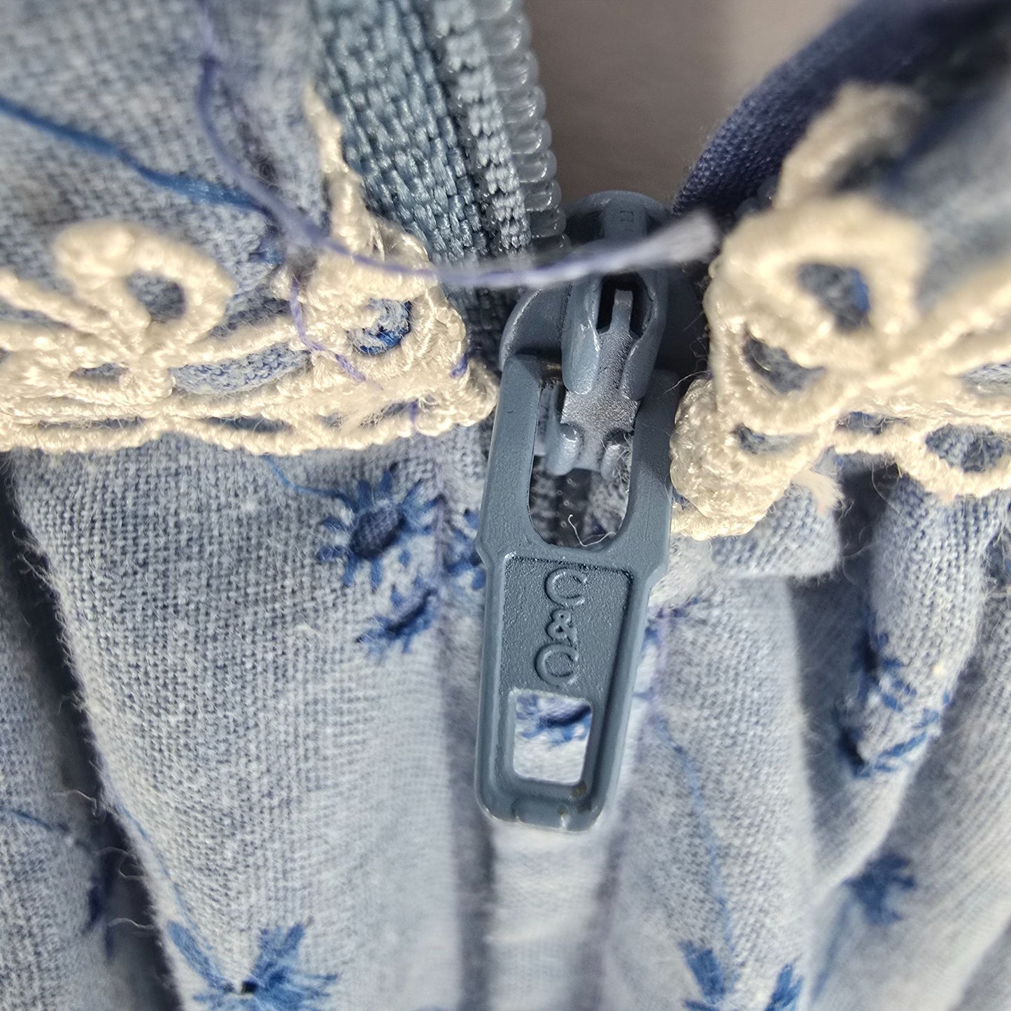 Vintage 1970s Blue Chambray Embroidered Eyelet Empire Waist Midi Dress (XS)