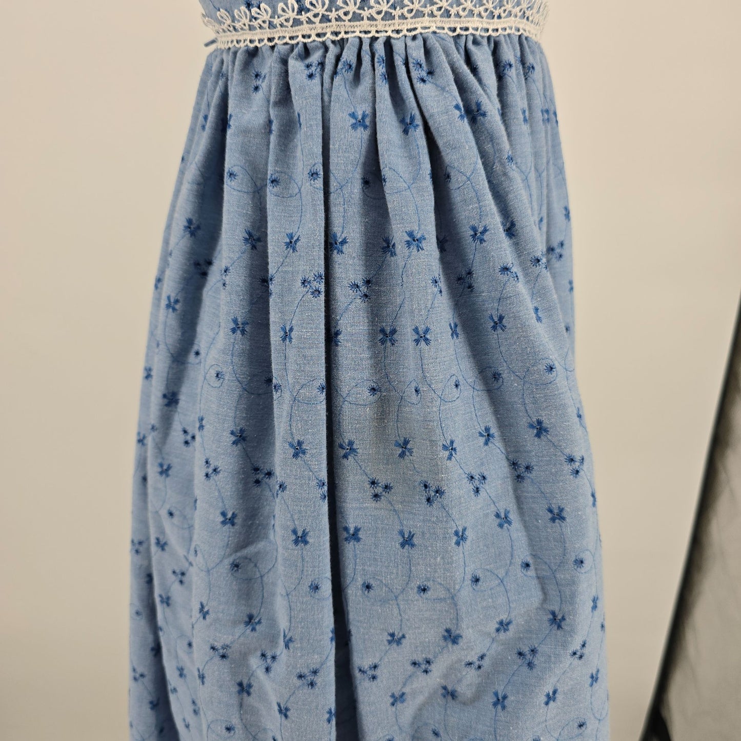 Vintage 1970s Blue Chambray Embroidered Eyelet Empire Waist Midi Dress (XS)
