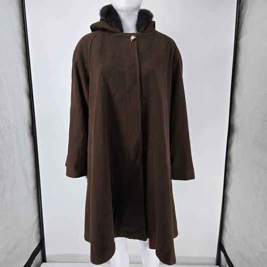 Vintage 1980s Stephanie Matthews Women's Brown Faux Fur Trim Hooded Coat (XXL)
