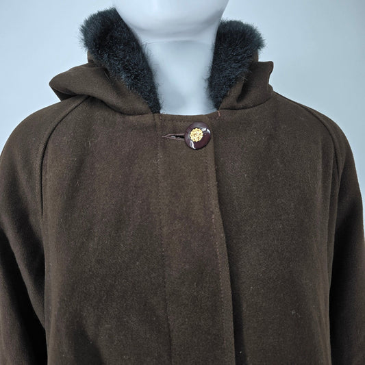 Vintage 1980s Stephanie Matthews Women's Brown Faux Fur Trim Hooded Coat (XXL)