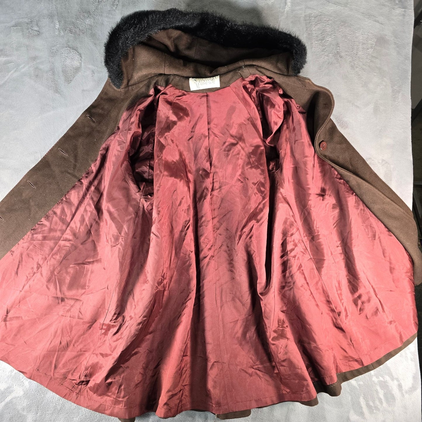 Vintage 1980s Stephanie Matthews Women's Brown Faux Fur Trim Hooded Coat (XXL)